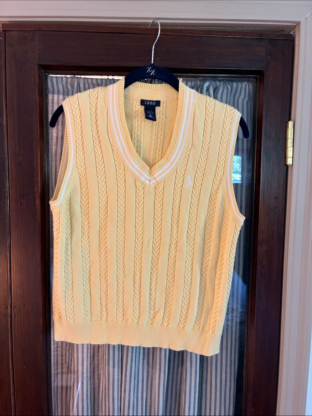 Izod Yellow Cable-Knit V-Neck Sweater Vest with White Trim